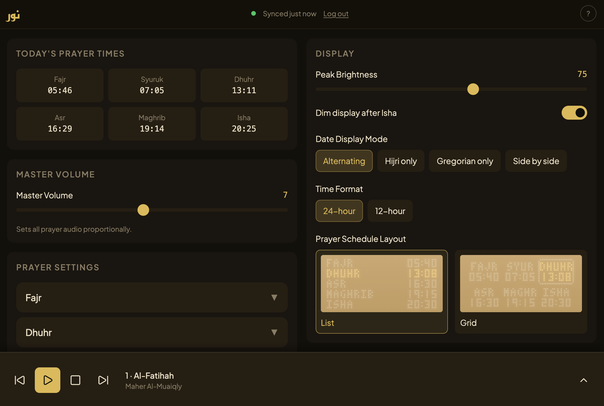 Nuur settings page full view showing prayer schedule and per-prayer controls