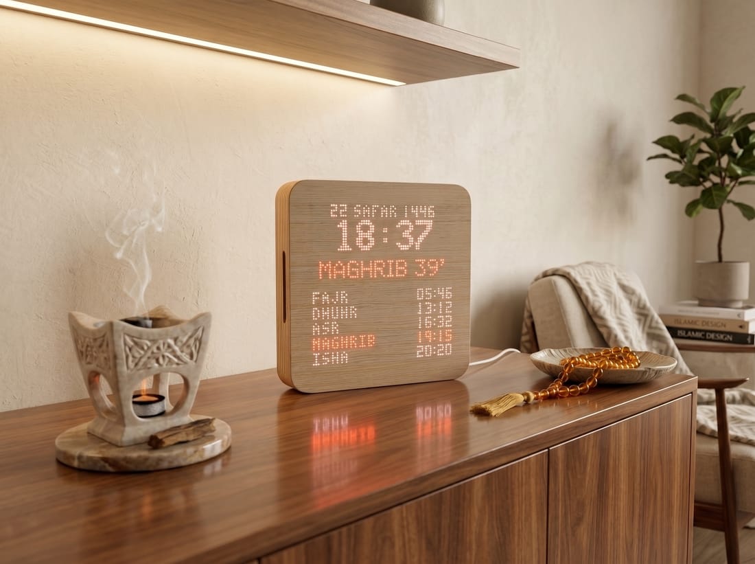 Nuur — LED prayer clock with wood veneer face, wall-mounted or tabletop