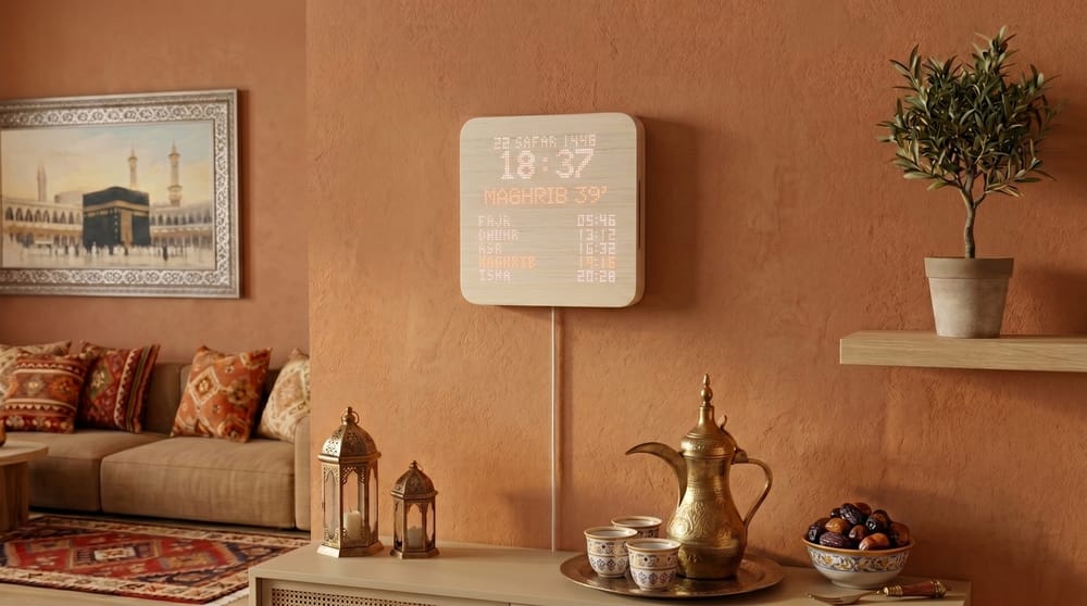 Nuur mounted on a wall above a console table, showing prayer times